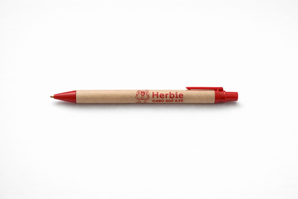 Ballpoint pen included in the bag.