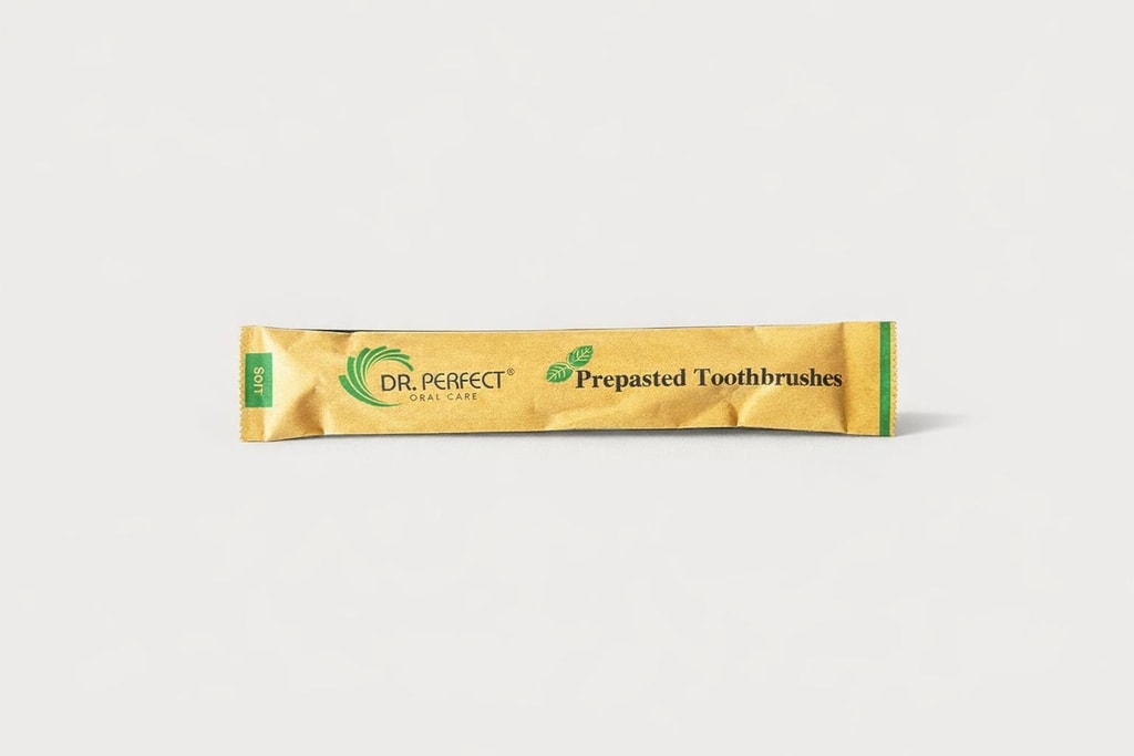 Single use toothbrush included in the bag.